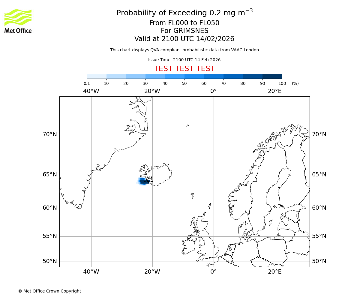 Probability of exceeding 0.2 milligrams per metre cubed. From 000 to 050 for GRIMSNES. Valid at 2100 UTC 14/02/2026