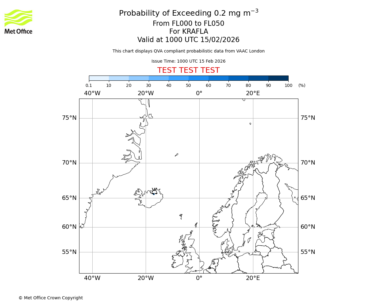 Probability of exceeding 0.2 milligrams per metre cubed. From 000 to 050 for KRAFLA. Valid at 1000 UTC 15/02/2026