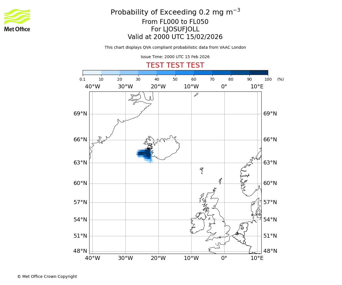 Probability of exceeding 0.2 milligrams per metre cubed. From 000 to 050 for LJOSUFJOLL. Valid at 2000 UTC 15/02/2026