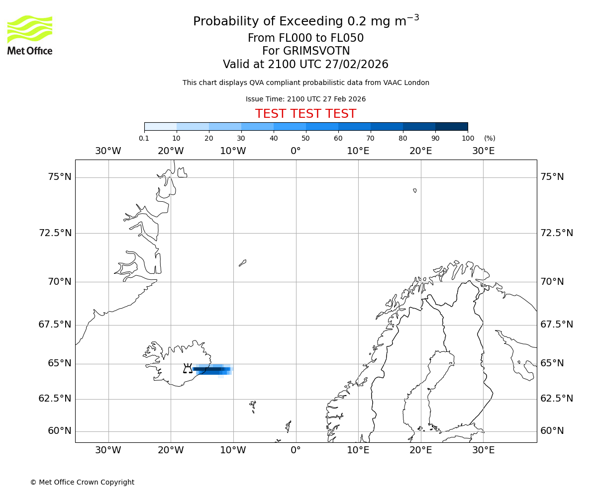 Probability of exceeding 0.2 milligrams per metre cubed. From 000 to 050 for GRIMSVOTN. Valid at 2100 UTC 27/02/2026