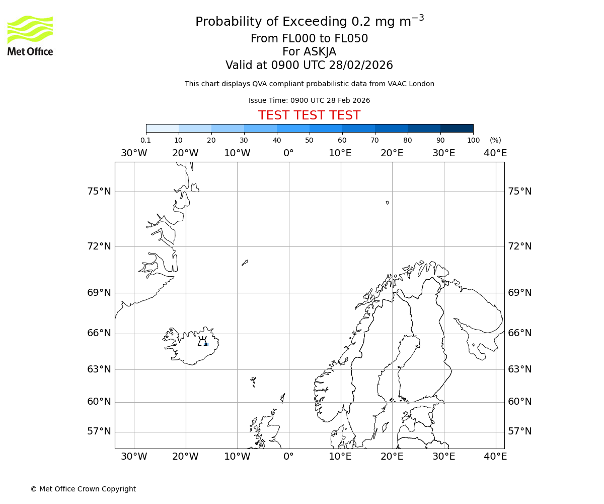 Probability of exceeding 0.2 milligrams per metre cubed. From 000 to 050 for ASKJA. Valid at 0900 UTC 28/02/2026