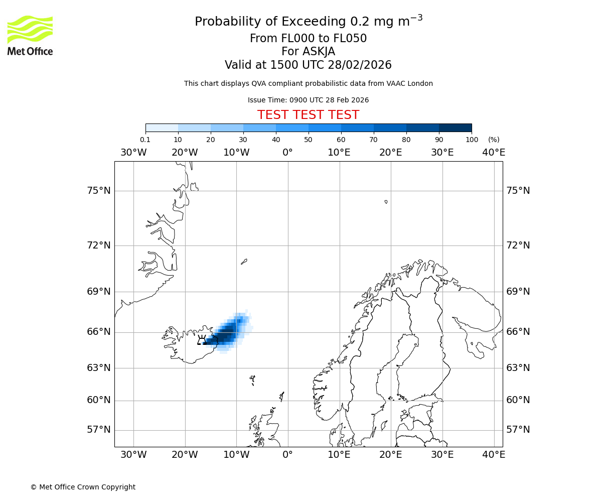 Probability of exceeding 0.2 milligrams per metre cubed. From 000 to 050 for ASKJA. Valid at 1500 UTC 28/02/2026
