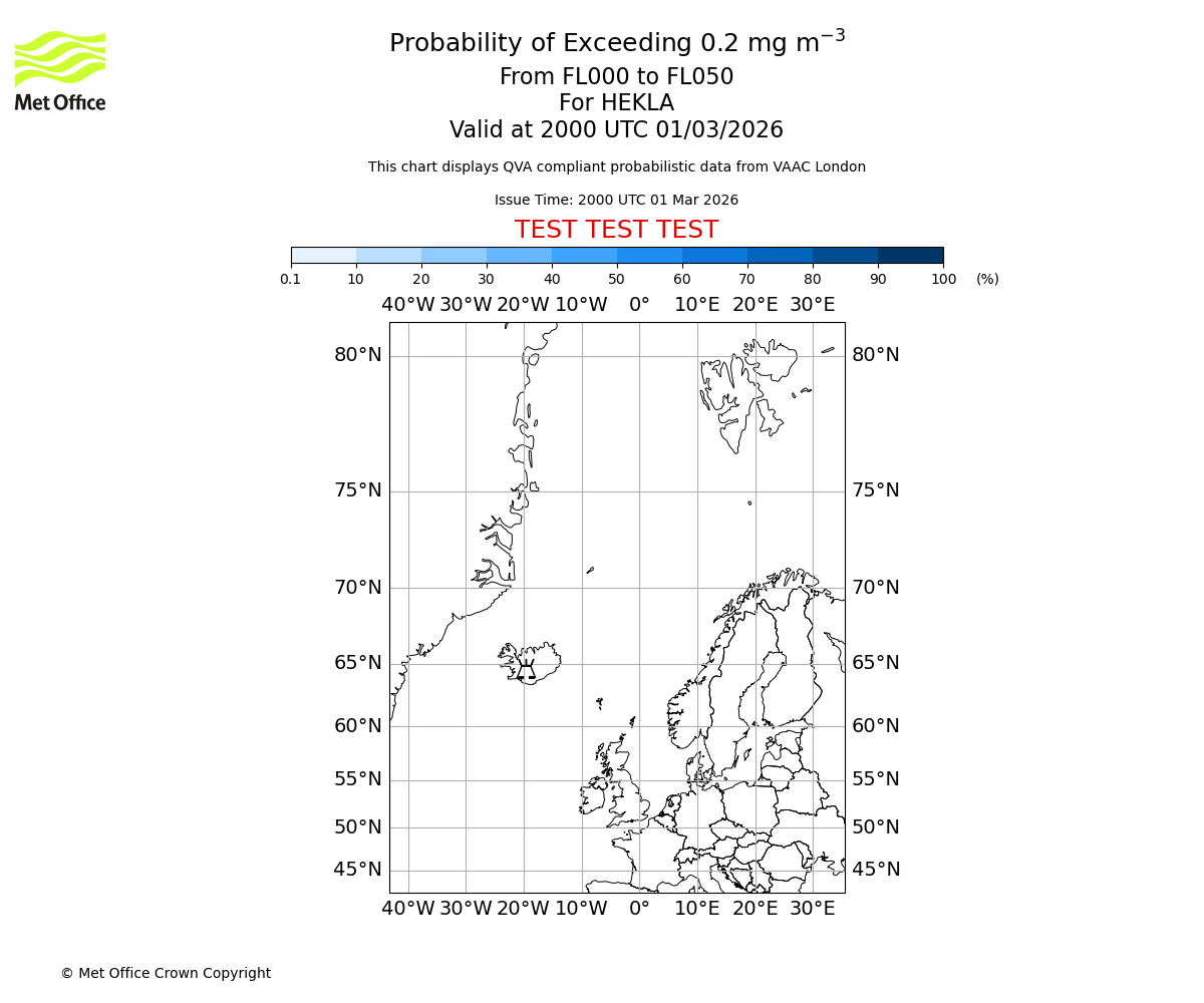 Probability of exceeding 0.2 milligrams per metre cubed. From 000 to 050 for HEKLA. Valid at 2000 UTC 01/03/2026