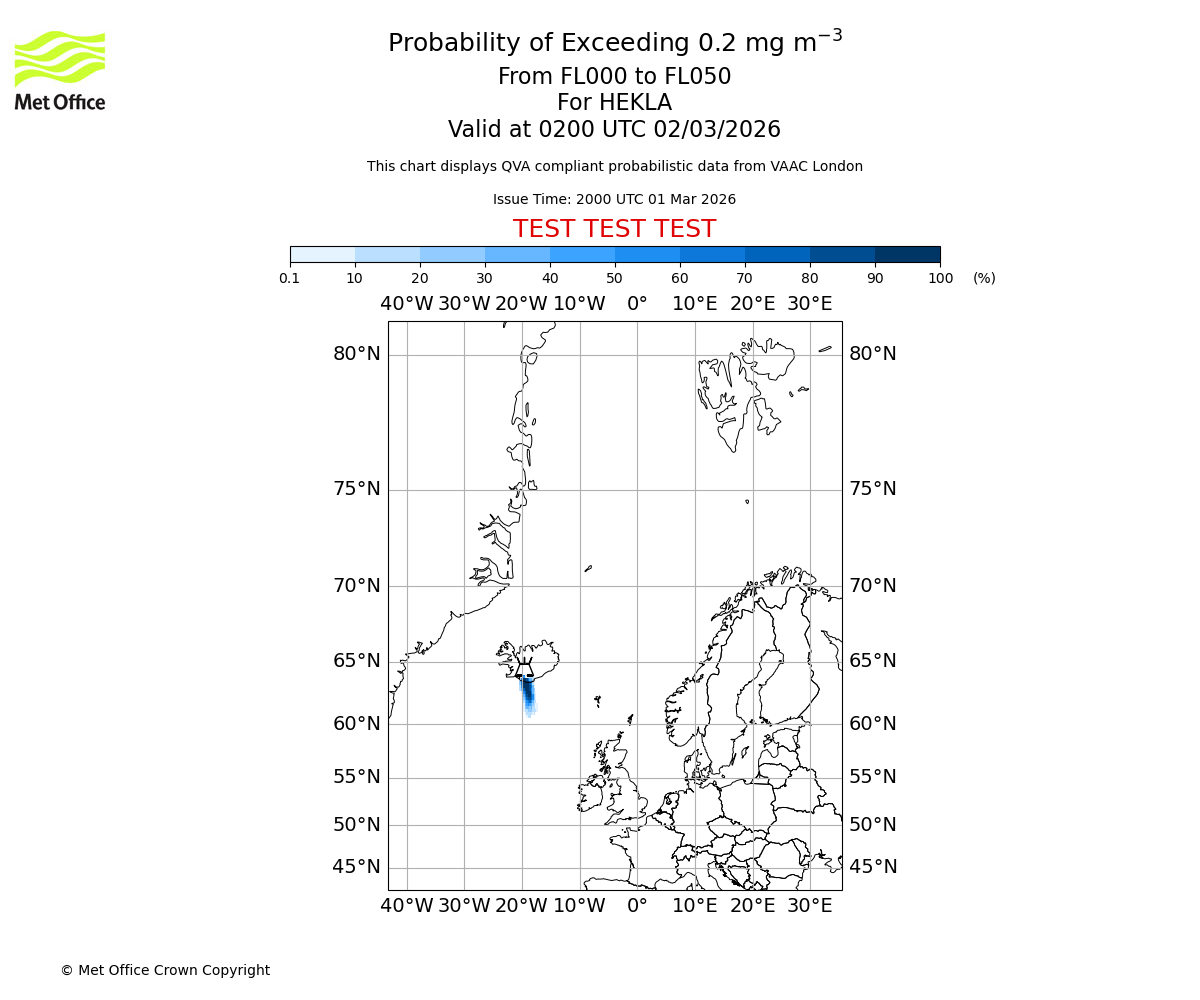 Probability of exceeding 0.2 milligrams per metre cubed. From 000 to 050 for HEKLA. Valid at 0200 UTC 02/03/2026