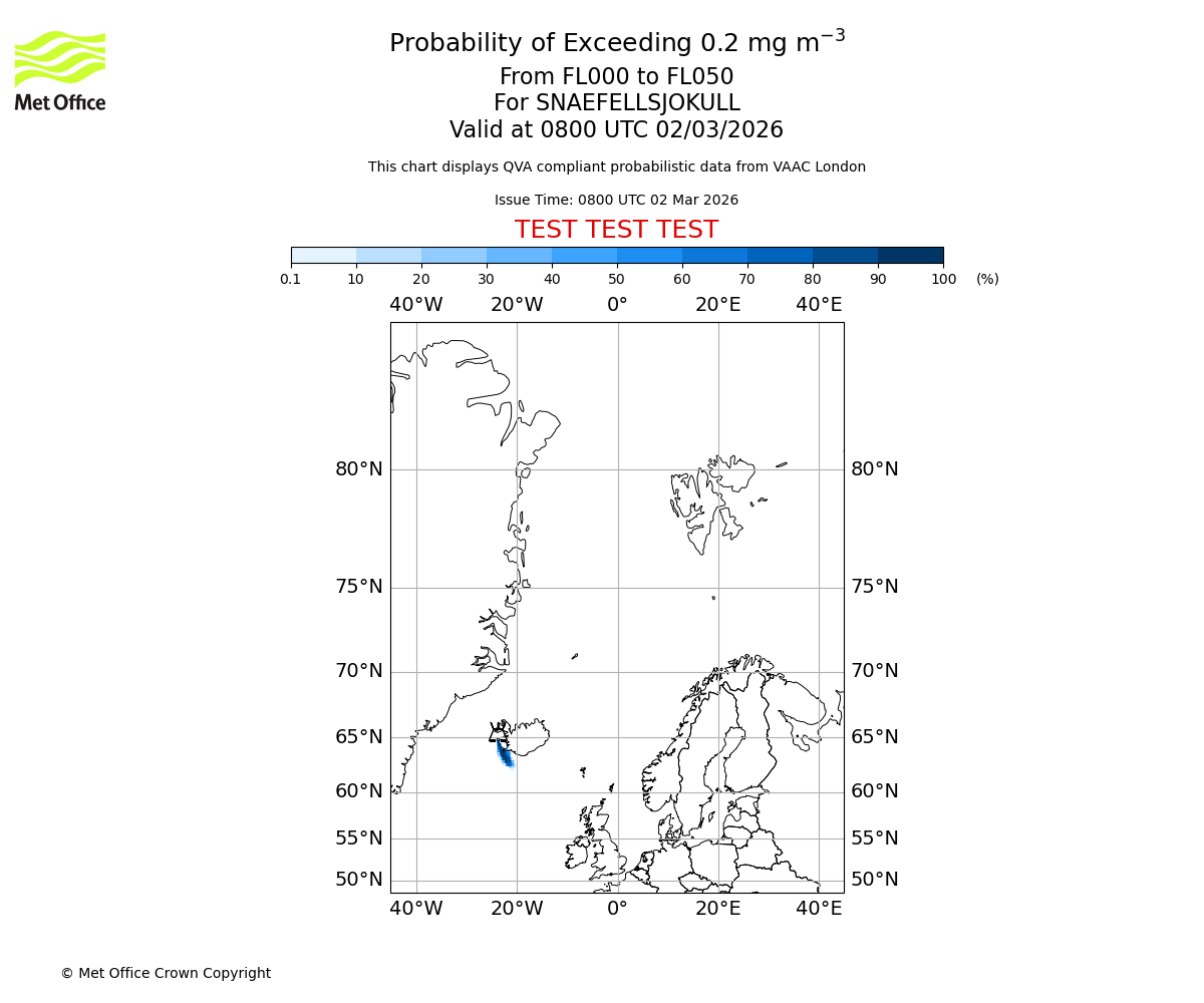 Probability of exceeding 0.2 milligrams per metre cubed. From 000 to 050 for SNAEFELLSJOKULL. Valid at 0800 UTC 02/03/2026