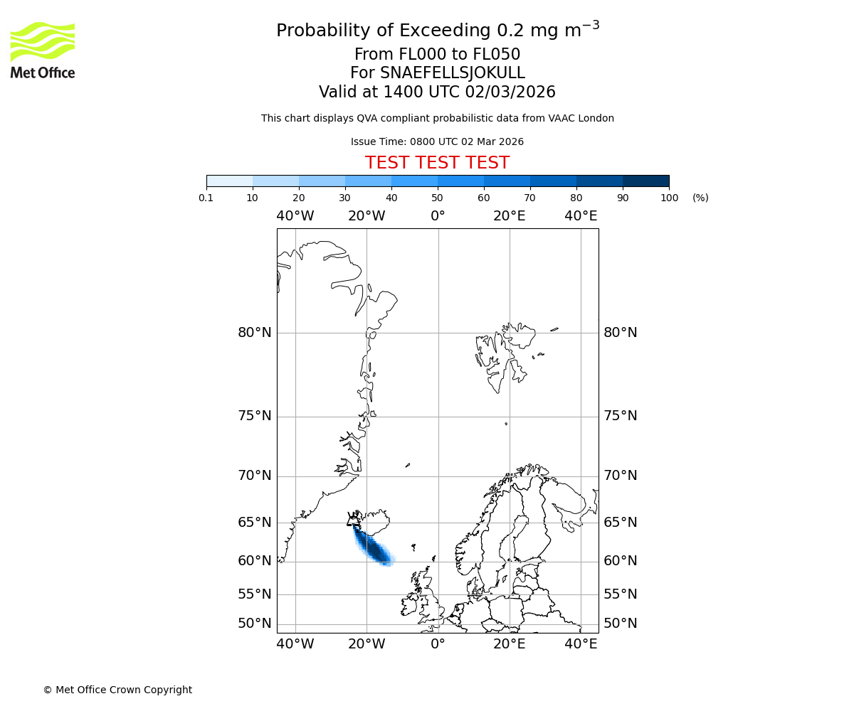 Probability of exceeding 0.2 milligrams per metre cubed. From 000 to 050 for SNAEFELLSJOKULL. Valid at 1400 UTC 02/03/2026