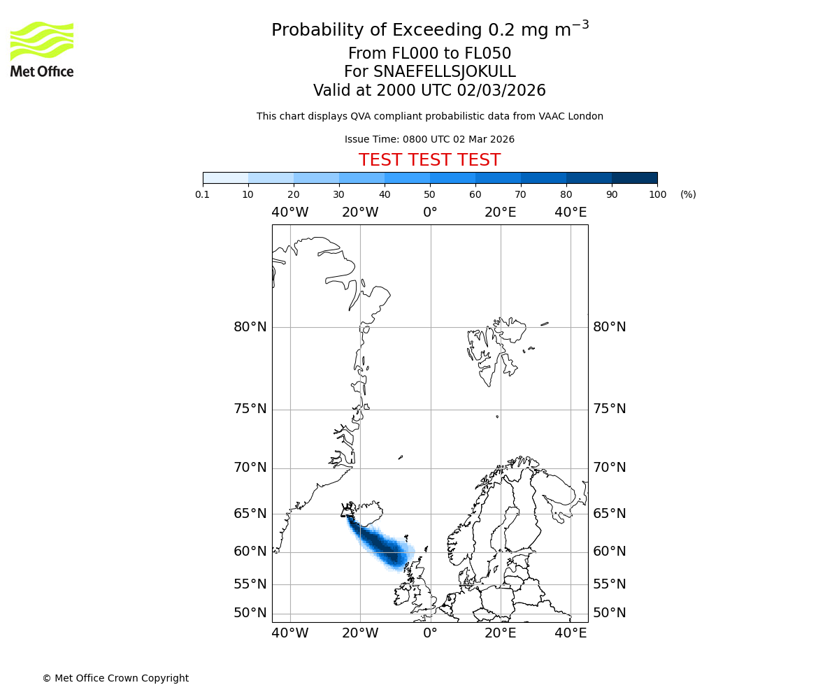 Probability of exceeding 0.2 milligrams per metre cubed. From 000 to 050 for SNAEFELLSJOKULL. Valid at 2000 UTC 02/03/2026