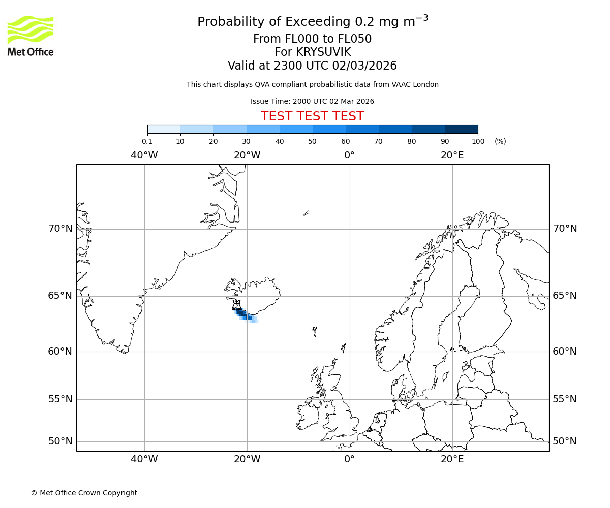 Probability of exceeding 0.2 milligrams per metre cubed. From 000 to 050 for KRYSUVIK. Valid at 2300 UTC 02/03/2026