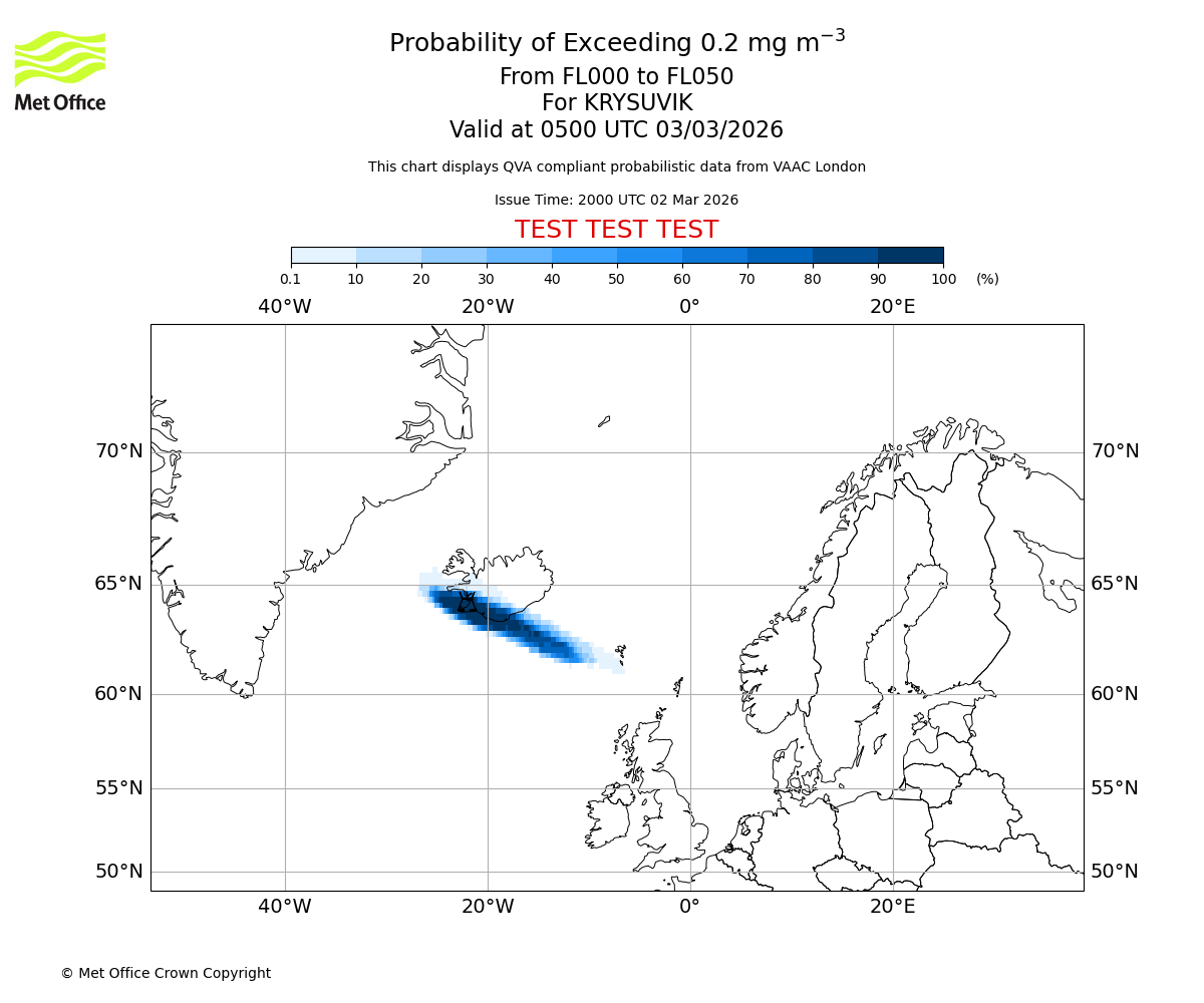 Probability of exceeding 0.2 milligrams per metre cubed. From 000 to 050 for KRYSUVIK. Valid at 0500 UTC 03/03/2026