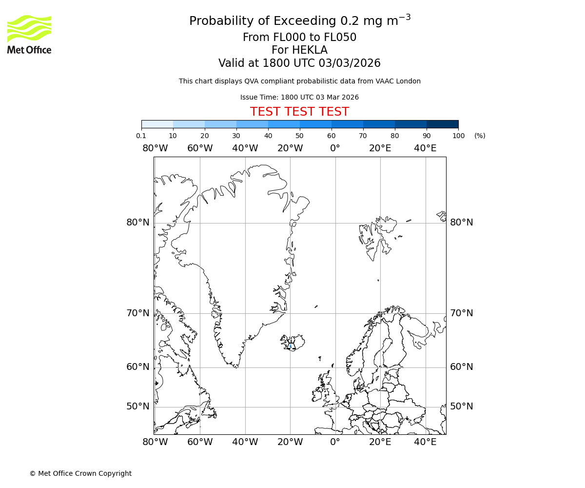 Probability of exceeding 0.2 milligrams per metre cubed. From 000 to 050 for HEKLA. Valid at 1800 UTC 03/03/2026