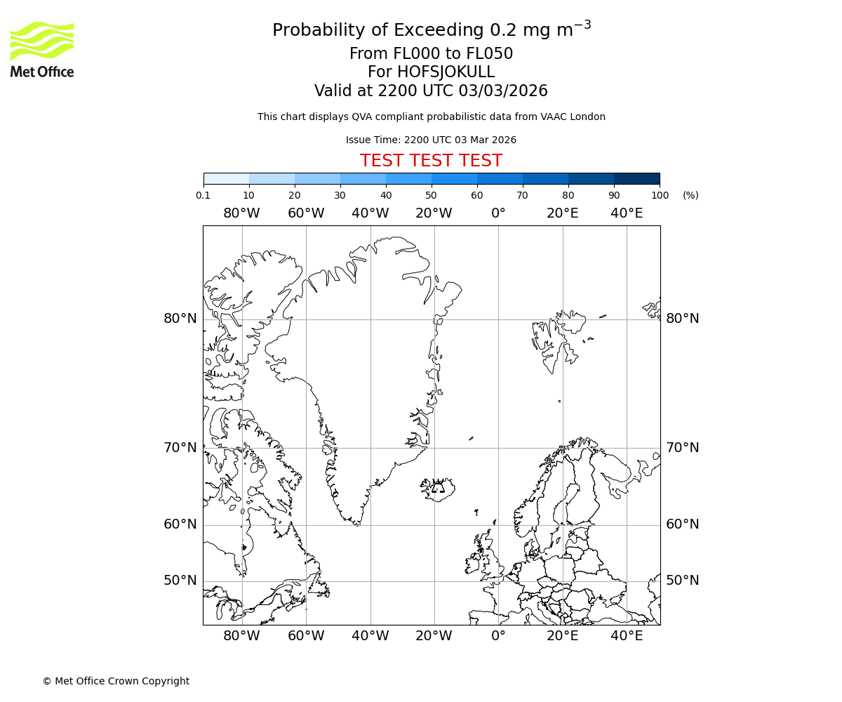 Probability of exceeding 0.2 milligrams per metre cubed. From 000 to 050 for HOFSJOKULL. Valid at 2200 UTC 03/03/2026