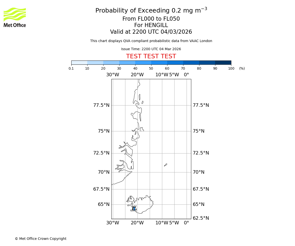 Probability of exceeding 0.2 milligrams per metre cubed. From 000 to 050 for HENGILL. Valid at 2200 UTC 04/03/2026