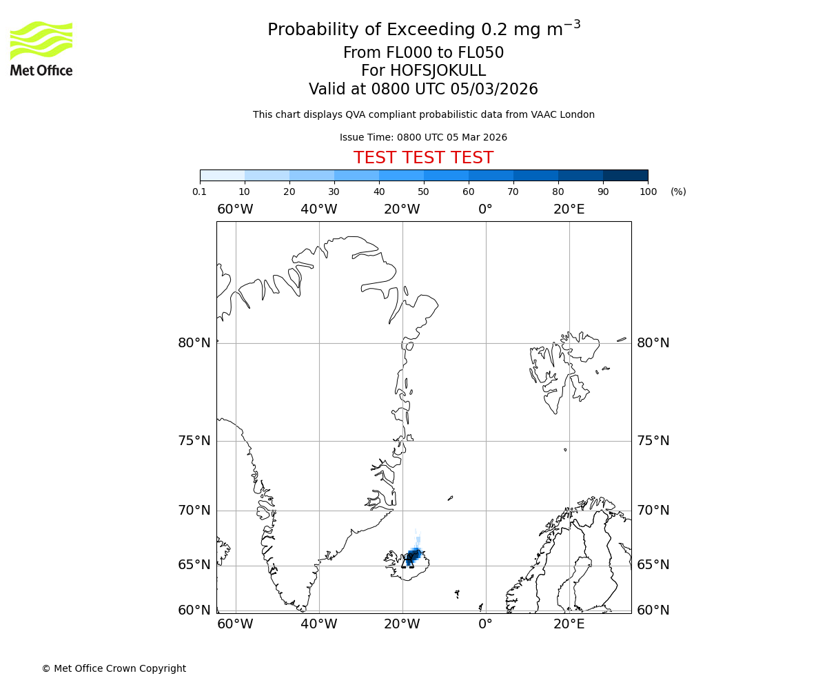 Probability of exceeding 0.2 milligrams per metre cubed. From 000 to 050 for HOFSJOKULL. Valid at 0800 UTC 05/03/2026