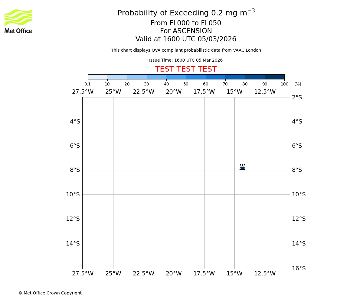 Probability of exceeding 0.2 milligrams per metre cubed. From 000 to 050 for ASCENSION. Valid at 1600 UTC 05/03/2026