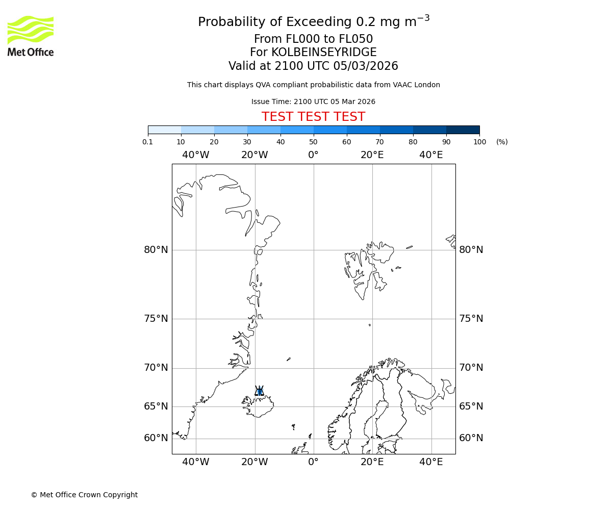 Probability of exceeding 0.2 milligrams per metre cubed. From 000 to 050 for KOLBEINSEYRIDGE. Valid at 2100 UTC 05/03/2026
