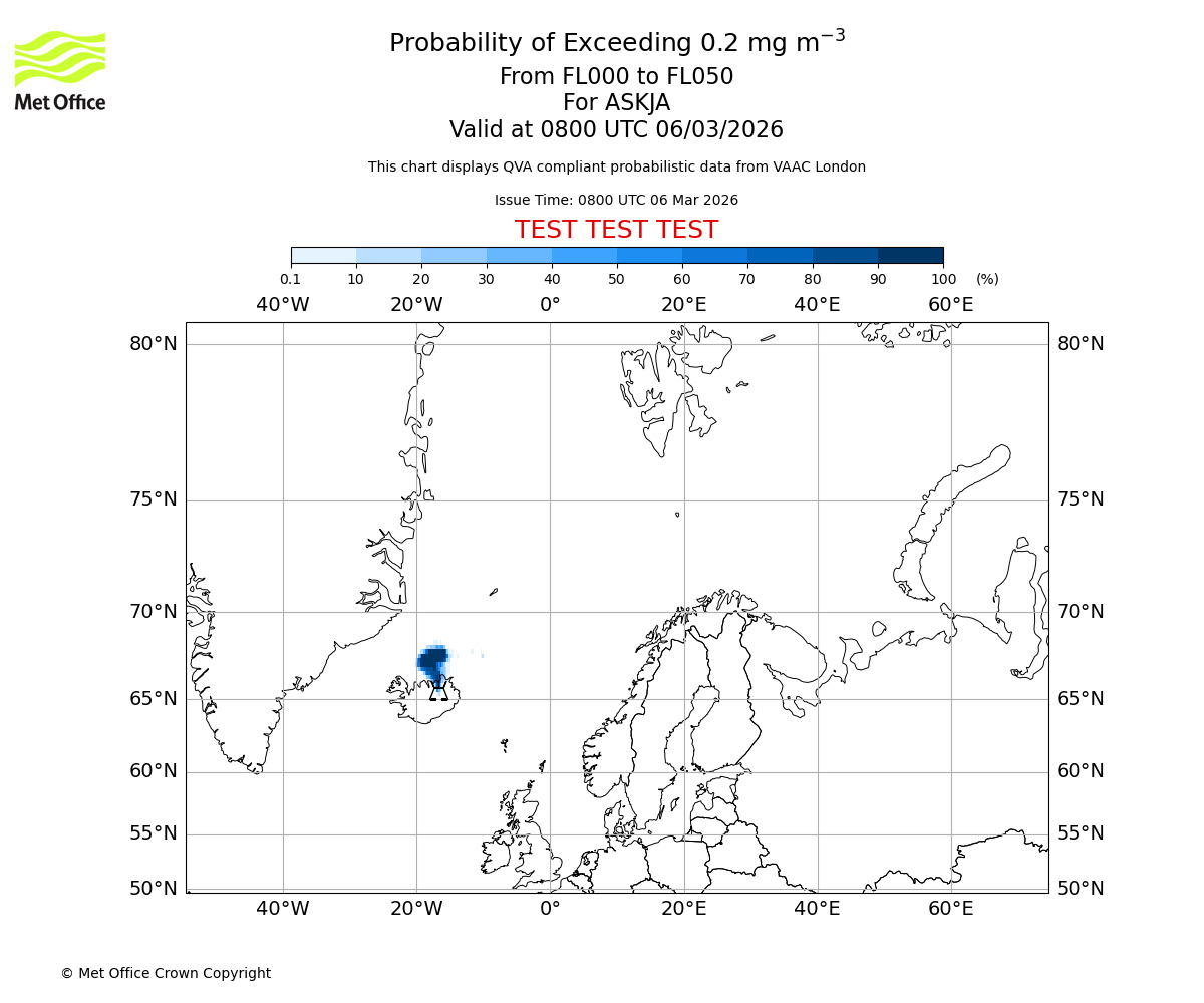 Probability of exceeding 0.2 milligrams per metre cubed. From 000 to 050 for ASKJA. Valid at 0800 UTC 06/03/2026