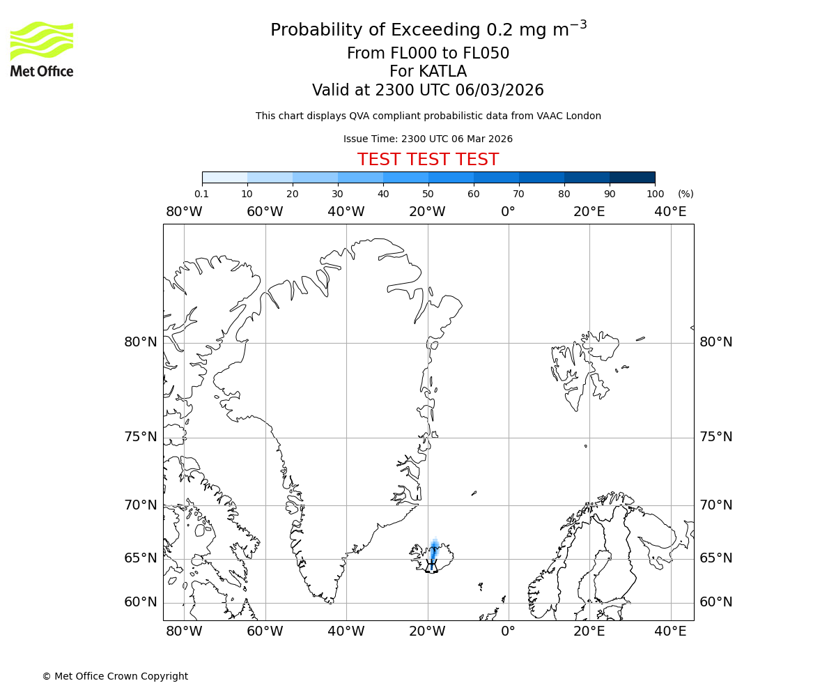 Probability of exceeding 0.2 milligrams per metre cubed. From 000 to 050 for KATLA. Valid at 2300 UTC 06/03/2026
