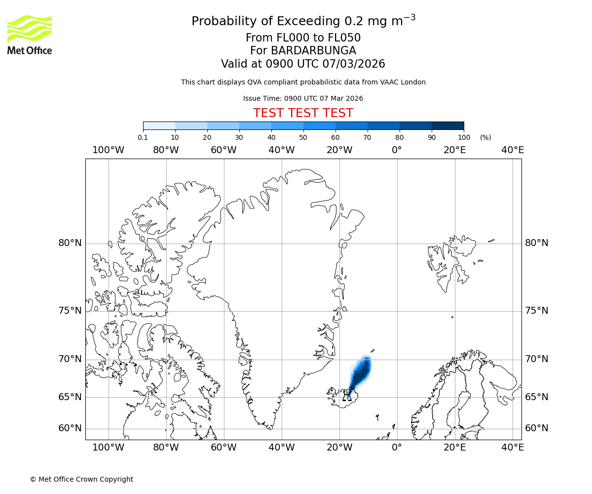 Probability of exceeding 0.2 milligrams per metre cubed. From 000 to 050 for BARDARBUNGA. Valid at 0900 UTC 07/03/2026