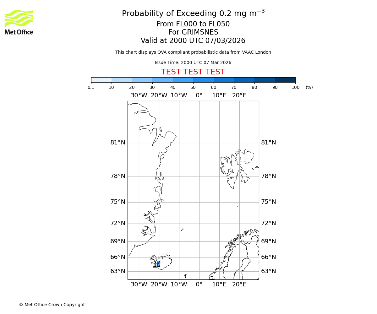 Probability of exceeding 0.2 milligrams per metre cubed. From 000 to 050 for GRIMSNES. Valid at 2000 UTC 07/03/2026