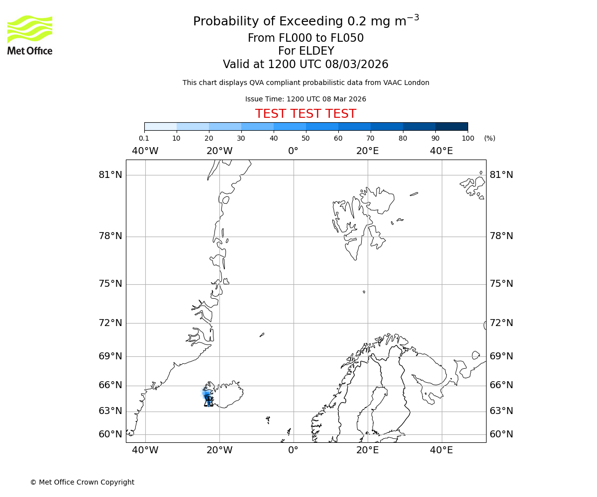 Probability of exceeding 0.2 milligrams per metre cubed. From 000 to 050 for ELDEY. Valid at 1200 UTC 08/03/2026