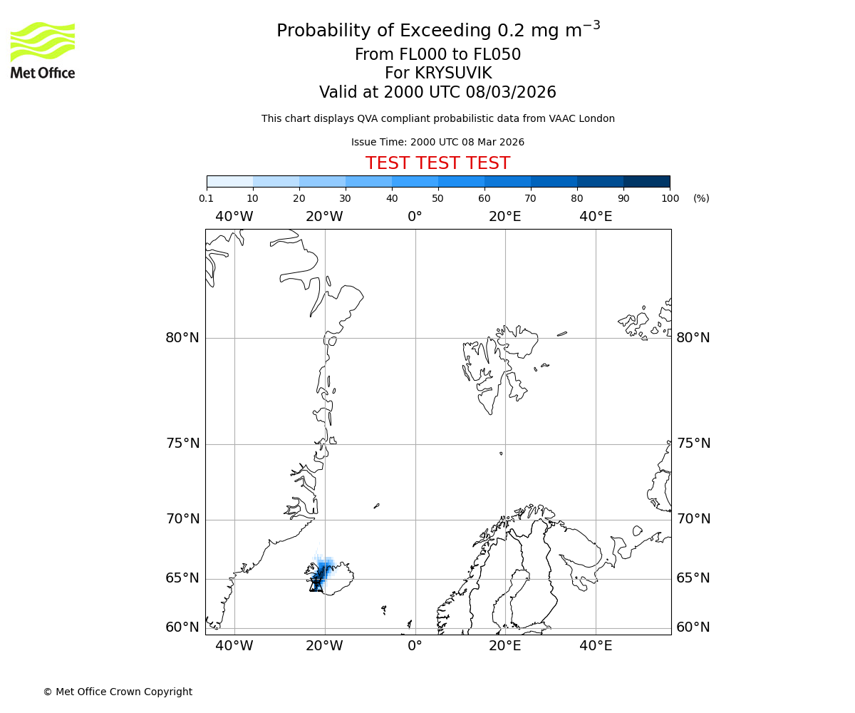Probability of exceeding 0.2 milligrams per metre cubed. From 000 to 050 for KRYSUVIK. Valid at 2000 UTC 08/03/2026