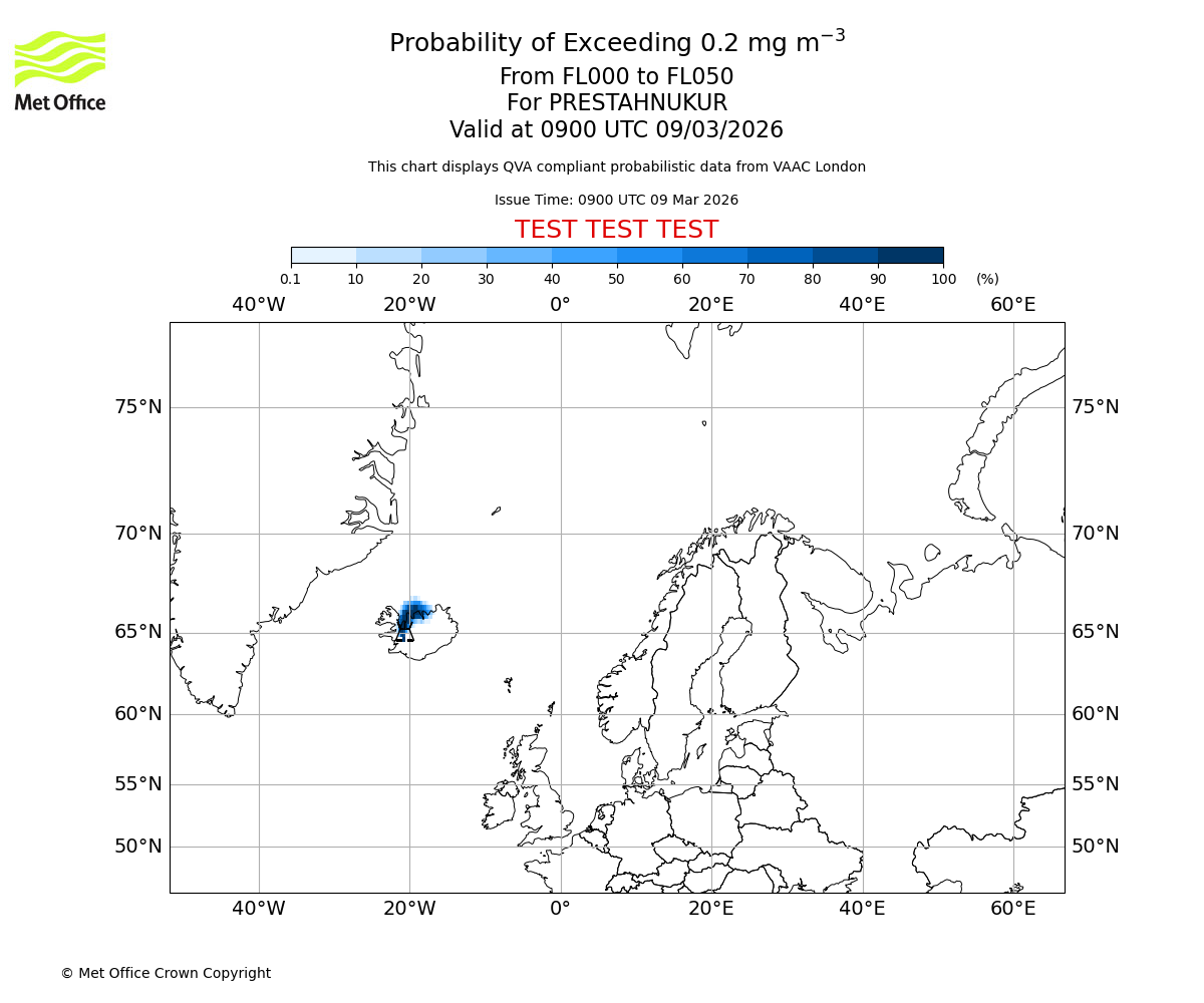 Probability of exceeding 0.2 milligrams per metre cubed. From 000 to 050 for PRESTAHNUKUR. Valid at 0900 UTC 09/03/2026