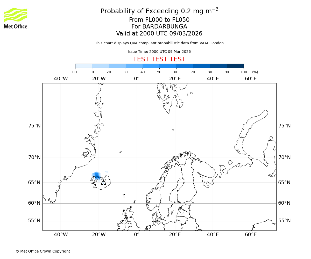 Probability of exceeding 0.2 milligrams per metre cubed. From 000 to 050 for BARDARBUNGA. Valid at 2000 UTC 09/03/2026