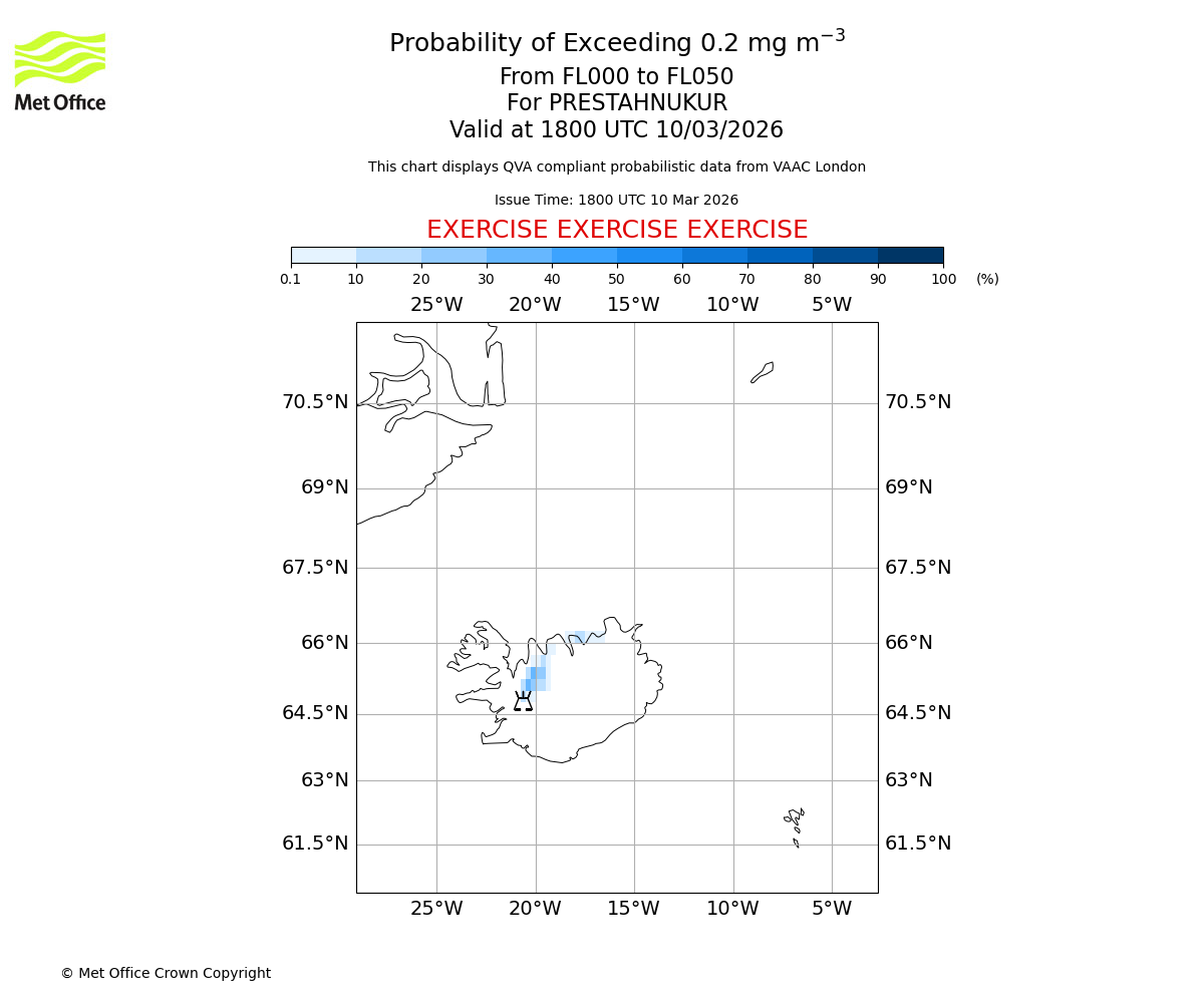 Probability of exceeding 0.2 milligrams per metre cubed. From 000 to 050 for PRESTAHNUKUR. Valid at 1800 UTC 10/03/2026