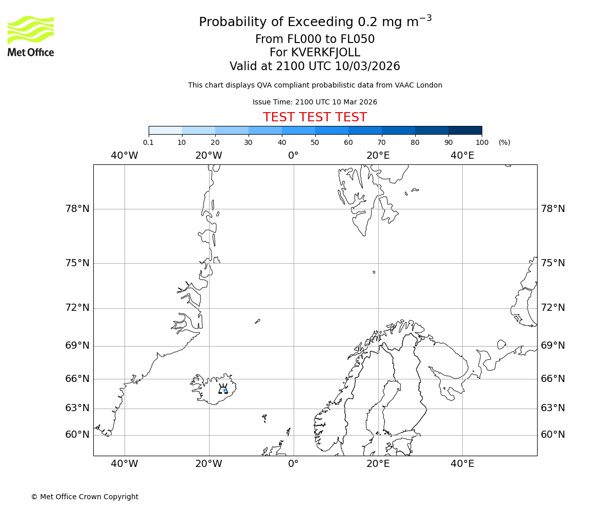Probability of exceeding 0.2 milligrams per metre cubed. From 000 to 050 for KVERKFJOLL. Valid at 2100 UTC 10/03/2026
