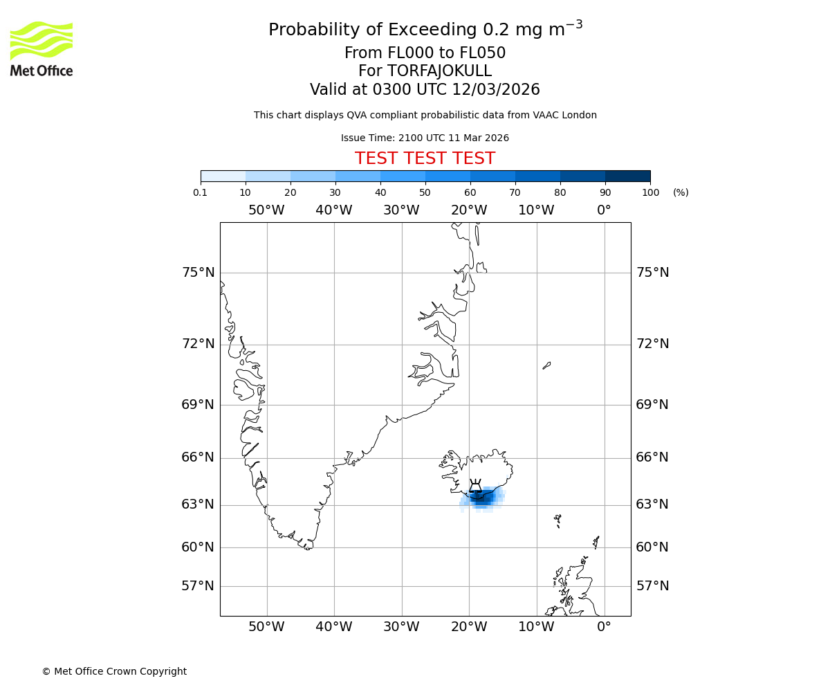 Probability of exceeding 0.2 milligrams per metre cubed. From 000 to 050 for TORFAJOKULL. Valid at 0300 UTC 12/03/2026