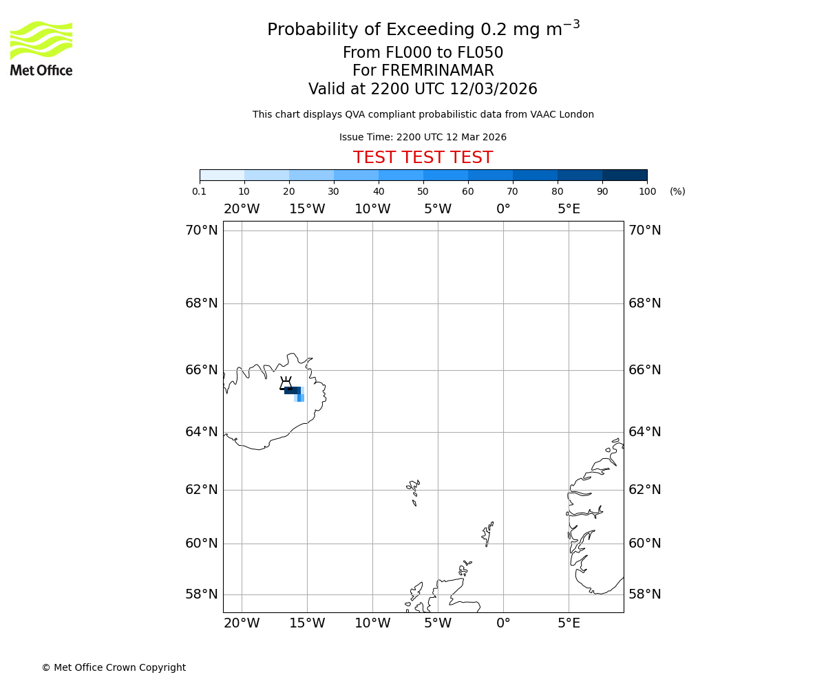 Probability of exceeding 0.2 milligrams per metre cubed. From 000 to 050 for FREMRINAMAR. Valid at 2200 UTC 12/03/2026