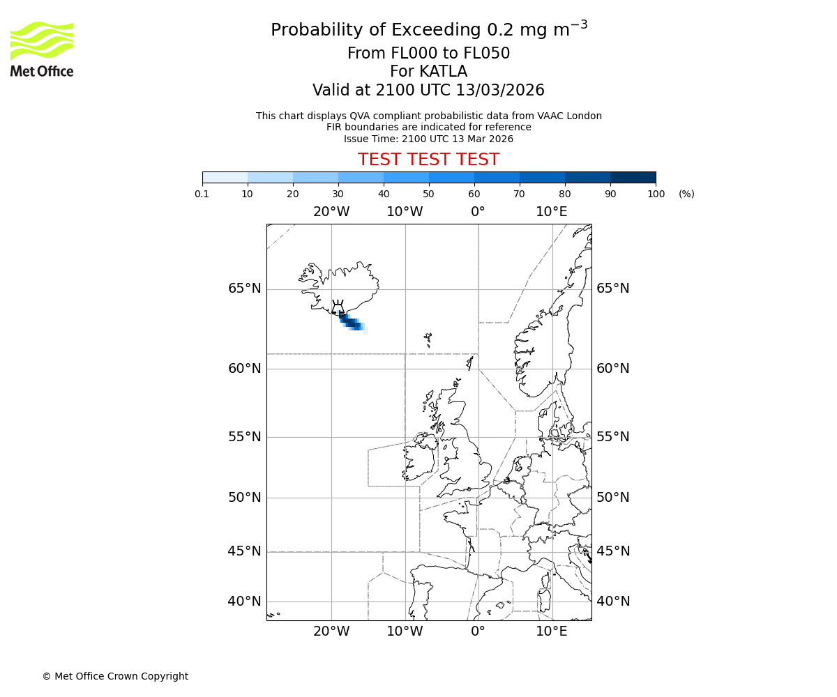 Probability of exceeding 0.2 milligrams per metre cubed. From 000 to 050 for KATLA. Valid at 2100 UTC 13/03/2026