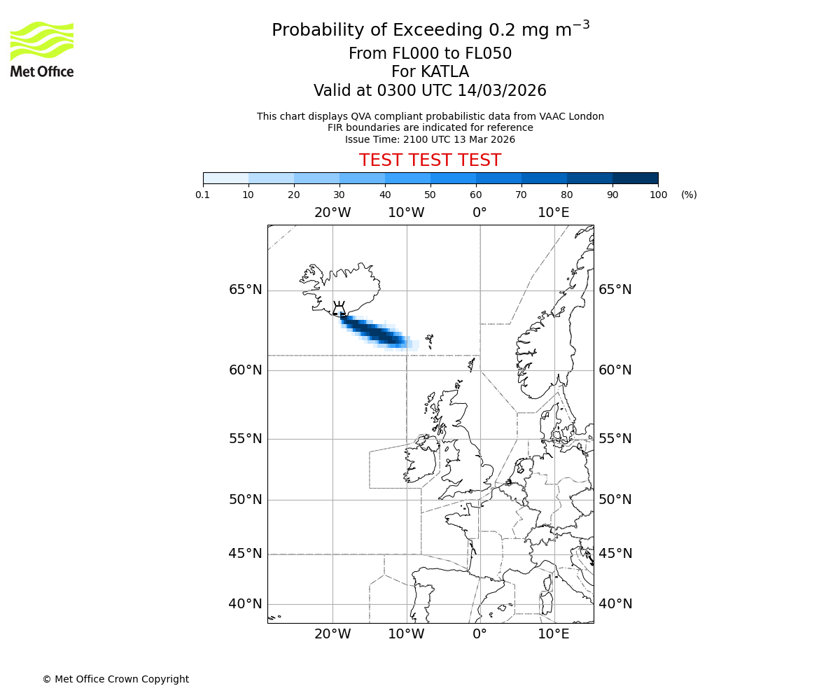 Probability of exceeding 0.2 milligrams per metre cubed. From 000 to 050 for KATLA. Valid at 0300 UTC 14/03/2026