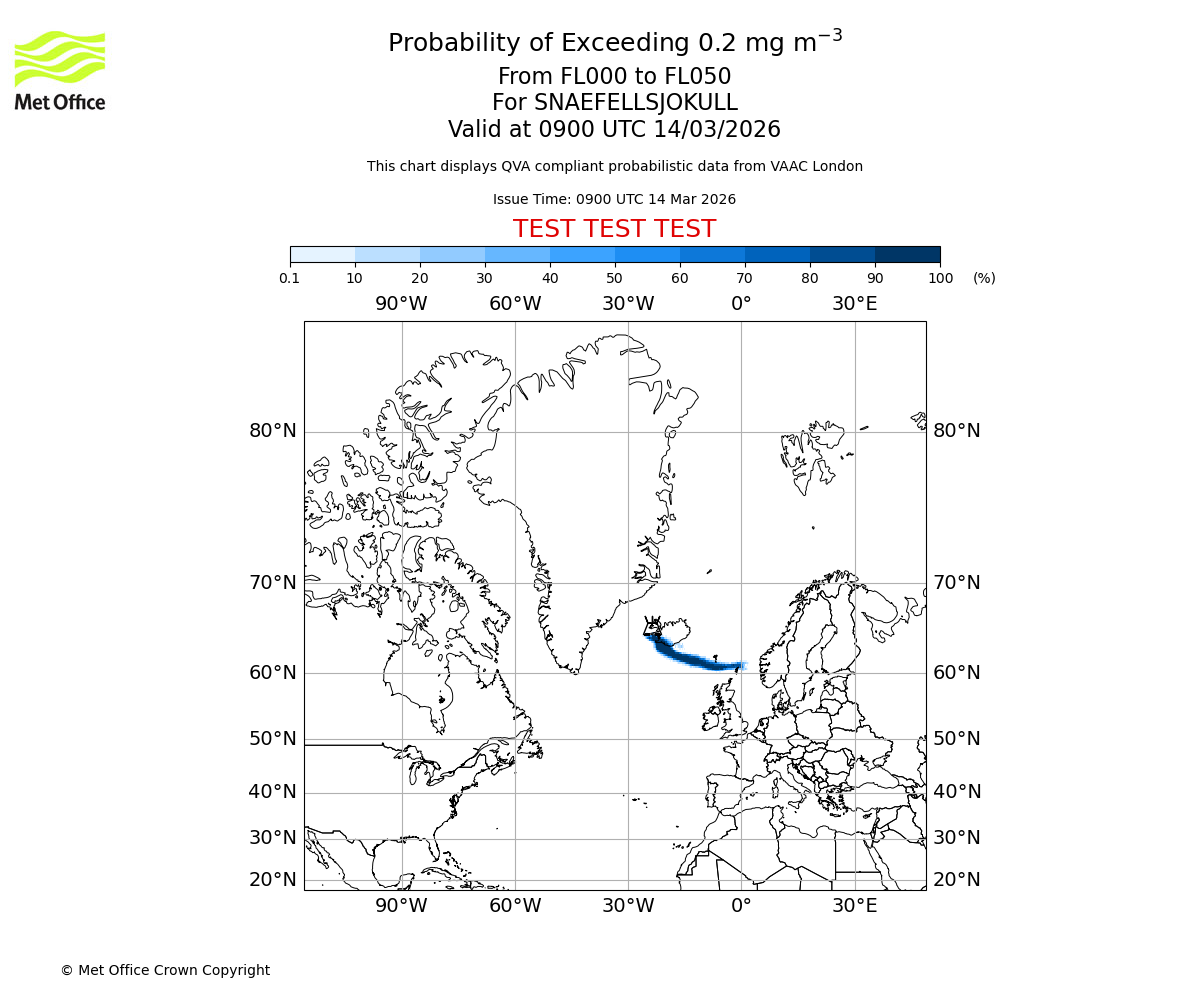 Probability of exceeding 0.2 milligrams per metre cubed. From 000 to 050 for SNAEFELLSJOKULL. Valid at 0900 UTC 14/03/2026