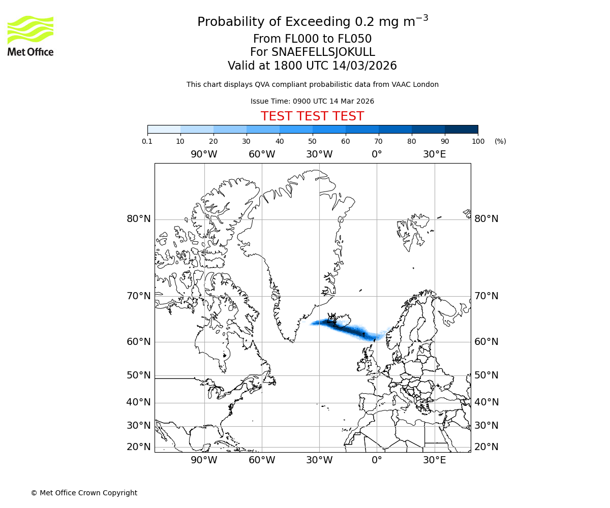 Probability of exceeding 0.2 milligrams per metre cubed. From 000 to 050 for SNAEFELLSJOKULL. Valid at 1800 UTC 14/03/2026