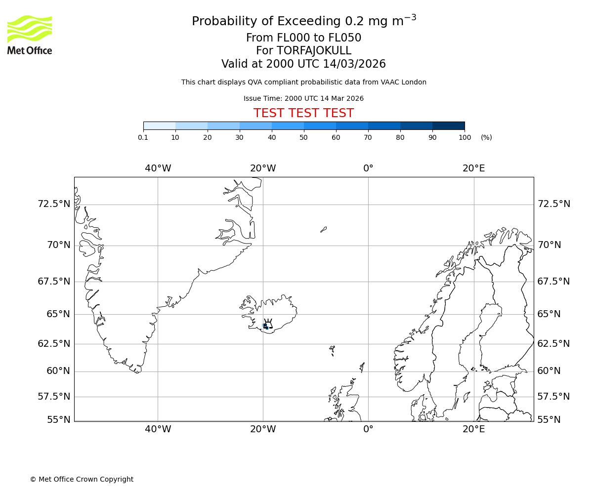 Probability of exceeding 0.2 milligrams per metre cubed. From 000 to 050 for TORFAJOKULL. Valid at 2000 UTC 14/03/2026