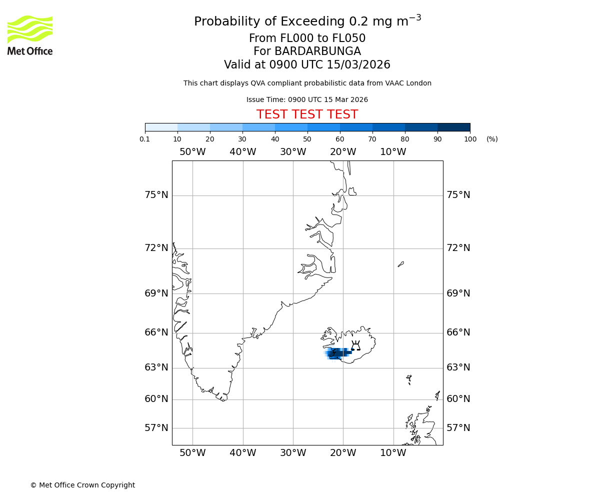 Probability of exceeding 0.2 milligrams per metre cubed. From 000 to 050 for BARDARBUNGA. Valid at 0900 UTC 15/03/2026