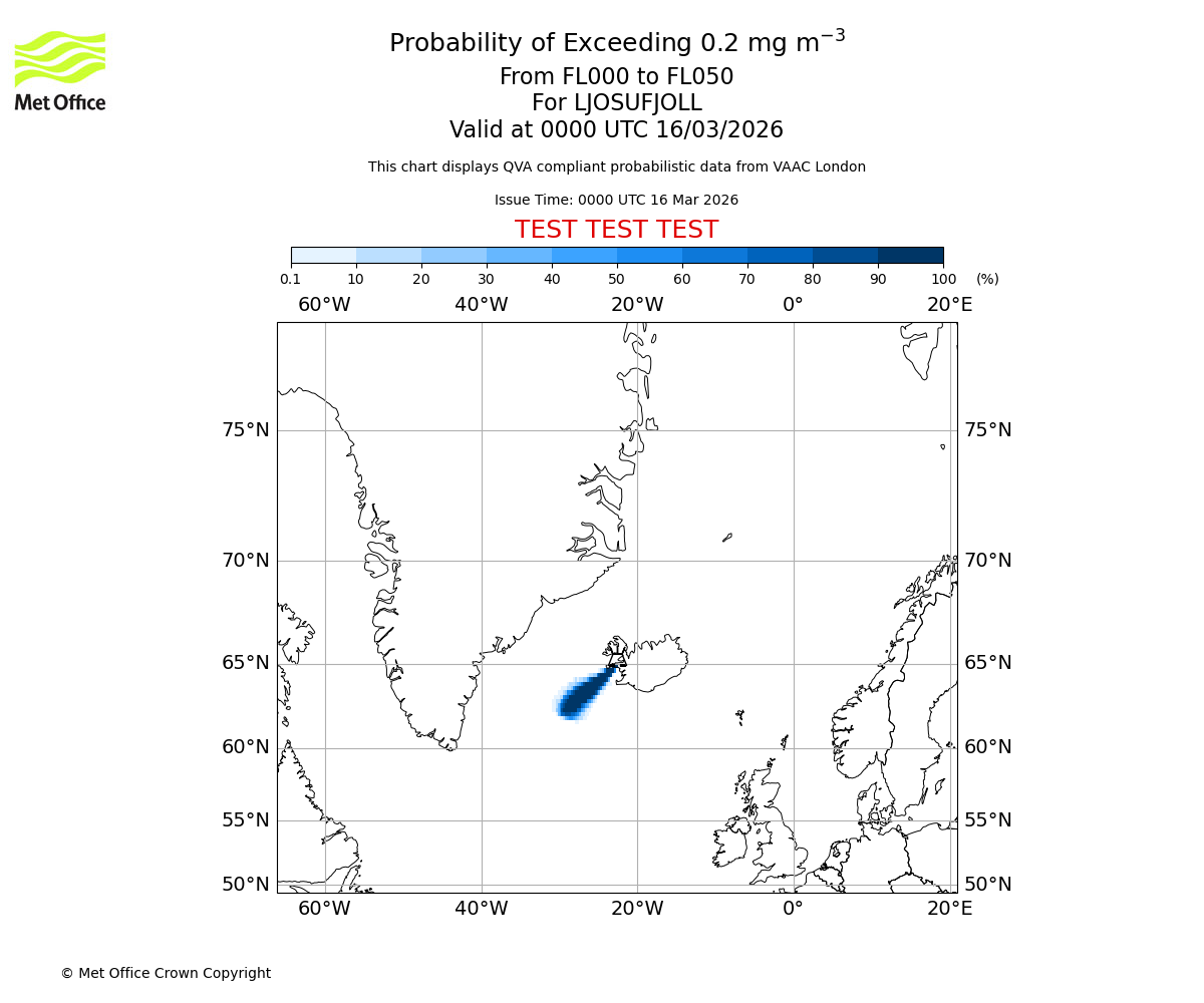Probability of exceeding 0.2 milligrams per metre cubed. From 000 to 050 for LJOSUFJOLL. Valid at 0000 UTC 16/03/2026
