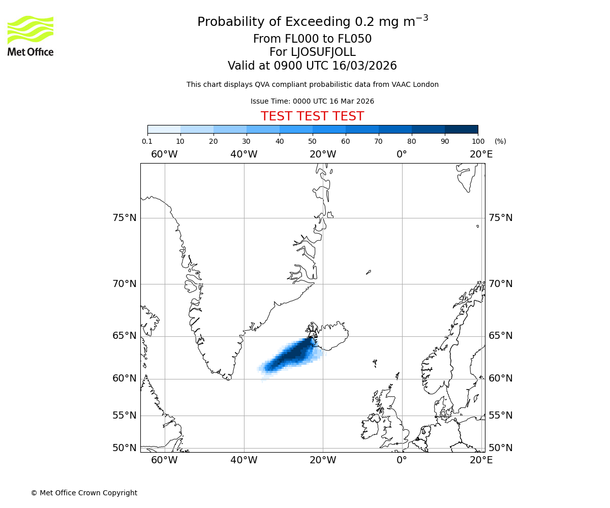 Probability of exceeding 0.2 milligrams per metre cubed. From 000 to 050 for LJOSUFJOLL. Valid at 0900 UTC 16/03/2026