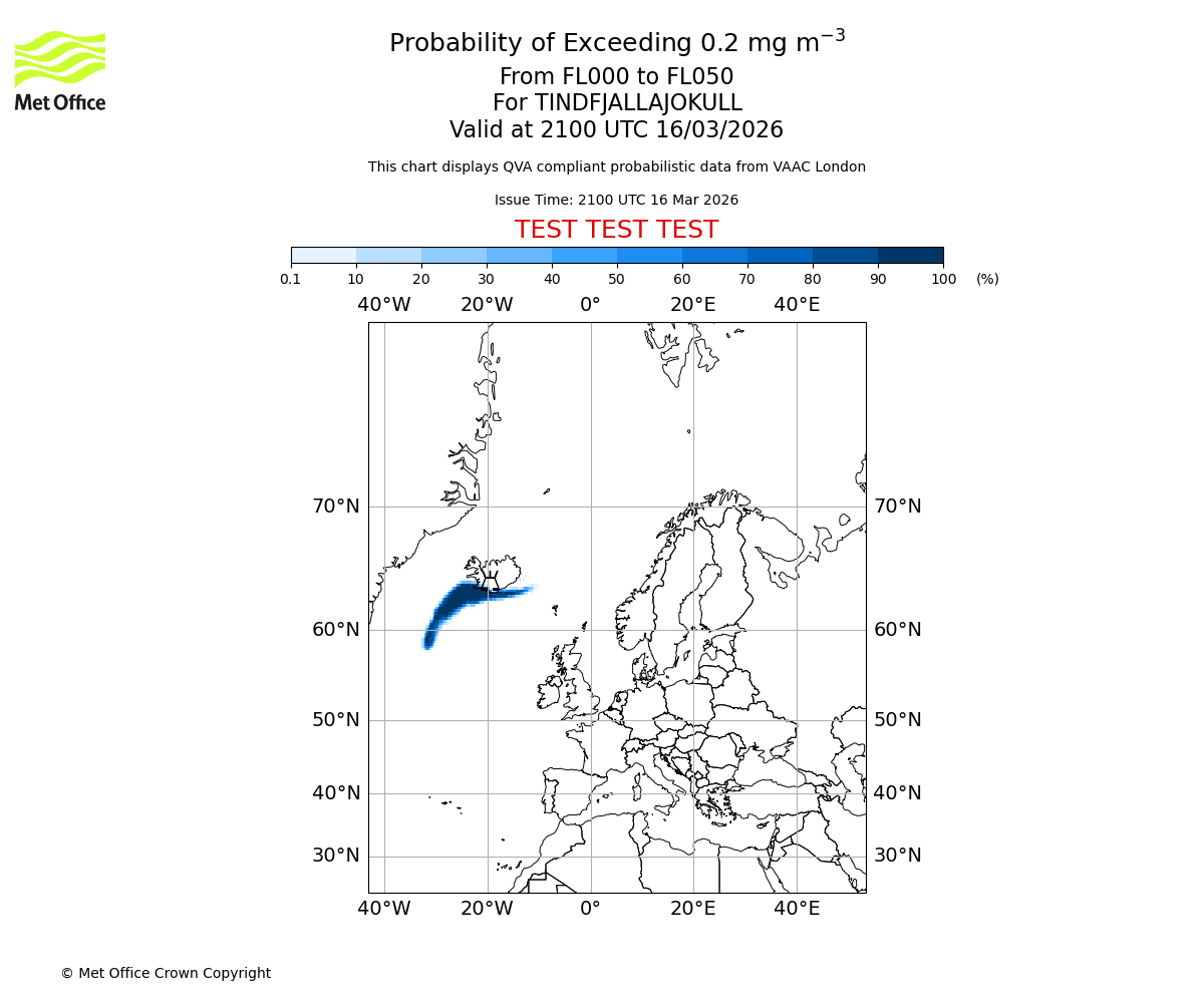 Probability of exceeding 0.2 milligrams per metre cubed. From 000 to 050 for TINDFJALLAJOKULL. Valid at 2100 UTC 16/03/2026