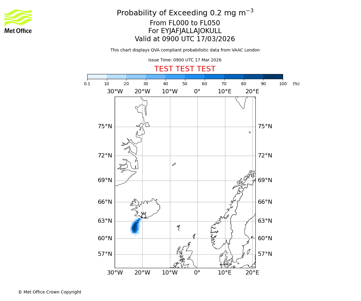 Probability of exceeding 0.2 milligrams per metre cubed. From 000 to 050 for EYJAFJALLAJOKULL. Valid at 0900 UTC 17/03/2026