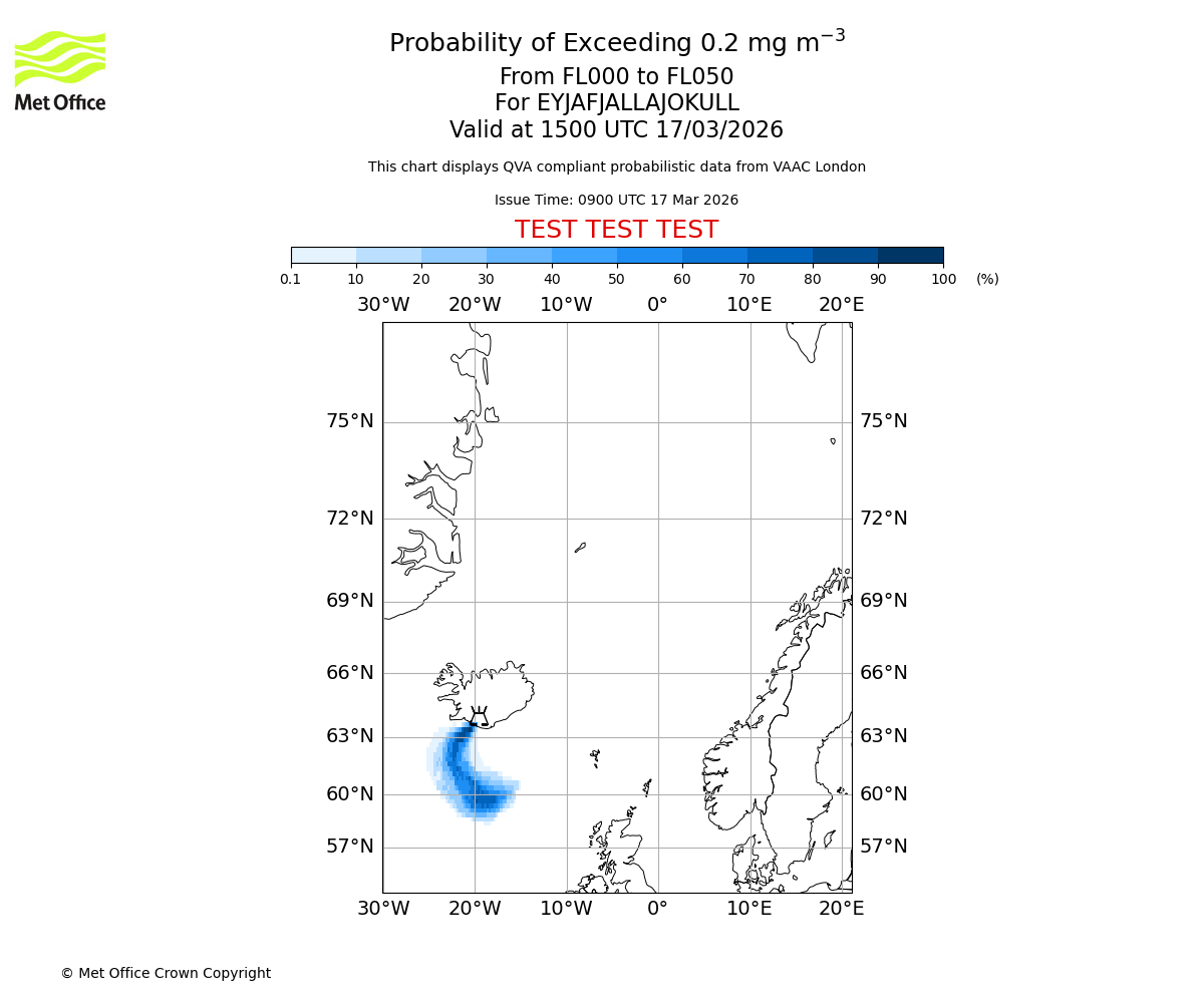 Probability of exceeding 0.2 milligrams per metre cubed. From 000 to 050 for EYJAFJALLAJOKULL. Valid at 1500 UTC 17/03/2026
