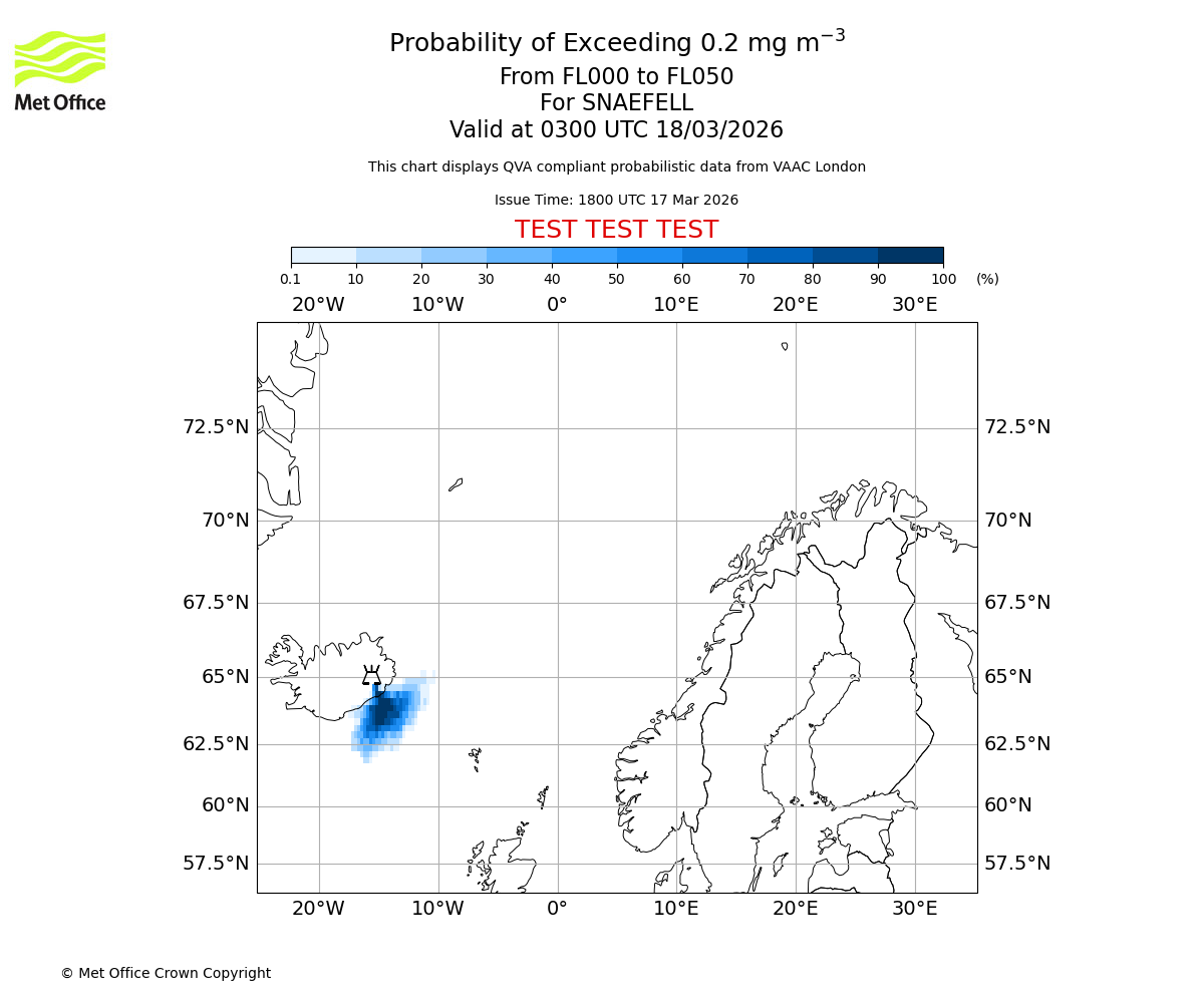 Probability of exceeding 0.2 milligrams per metre cubed. From 000 to 050 for SNAEFELL. Valid at 0300 UTC 18/03/2026