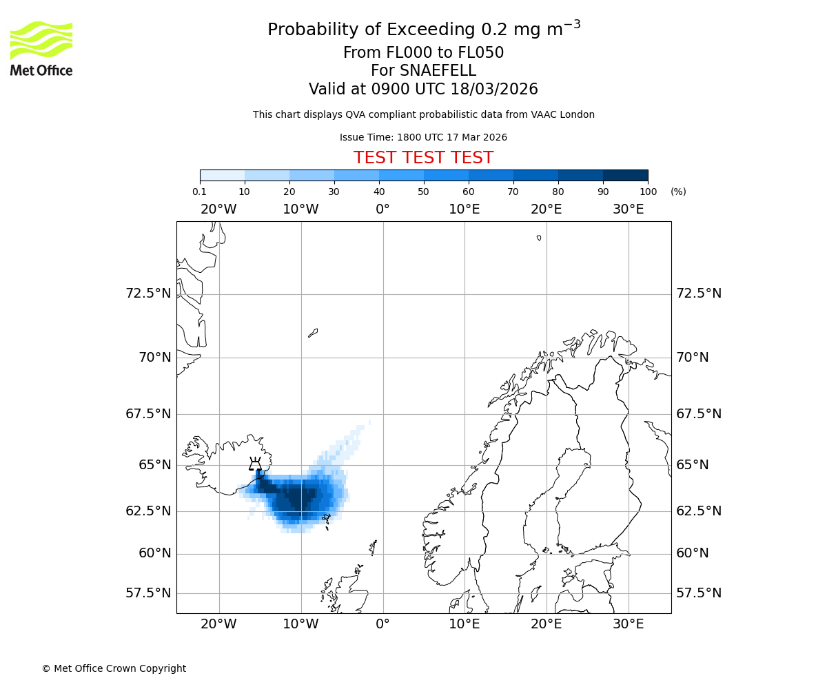 Probability of exceeding 0.2 milligrams per metre cubed. From 000 to 050 for SNAEFELL. Valid at 0900 UTC 18/03/2026