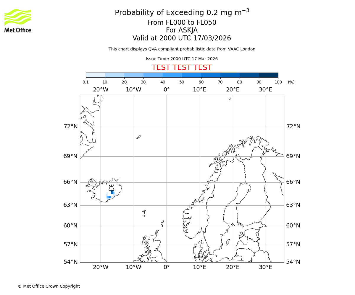 Probability of exceeding 0.2 milligrams per metre cubed. From 000 to 050 for ASKJA. Valid at 2000 UTC 17/03/2026
