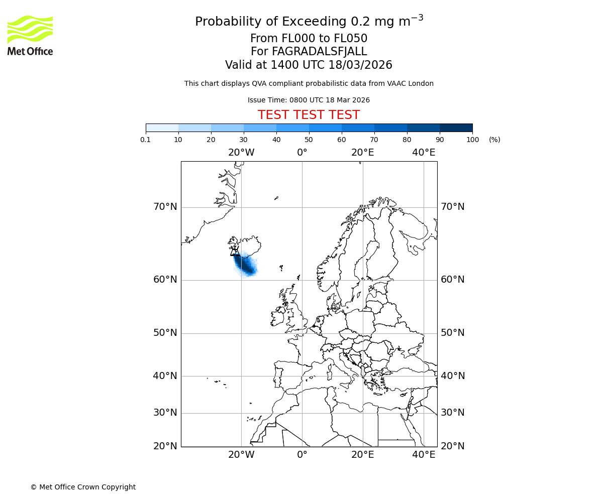 Probability of exceeding 0.2 milligrams per metre cubed. From 000 to 050 for FAGRADALSFJALL. Valid at 1400 UTC 18/03/2026