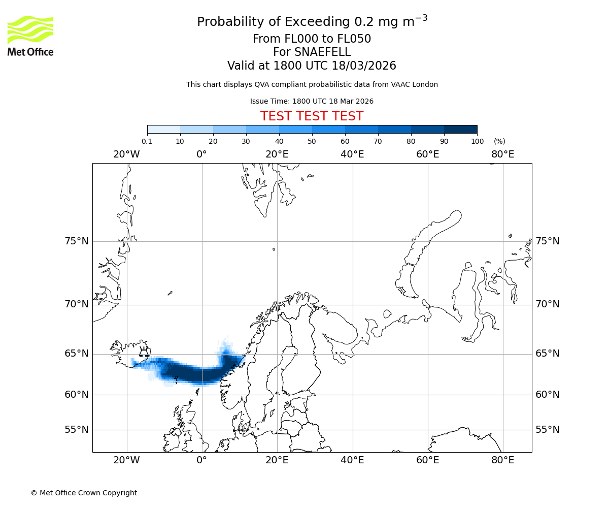 Probability of exceeding 0.2 milligrams per metre cubed. From 000 to 050 for SNAEFELL. Valid at 1800 UTC 18/03/2026
