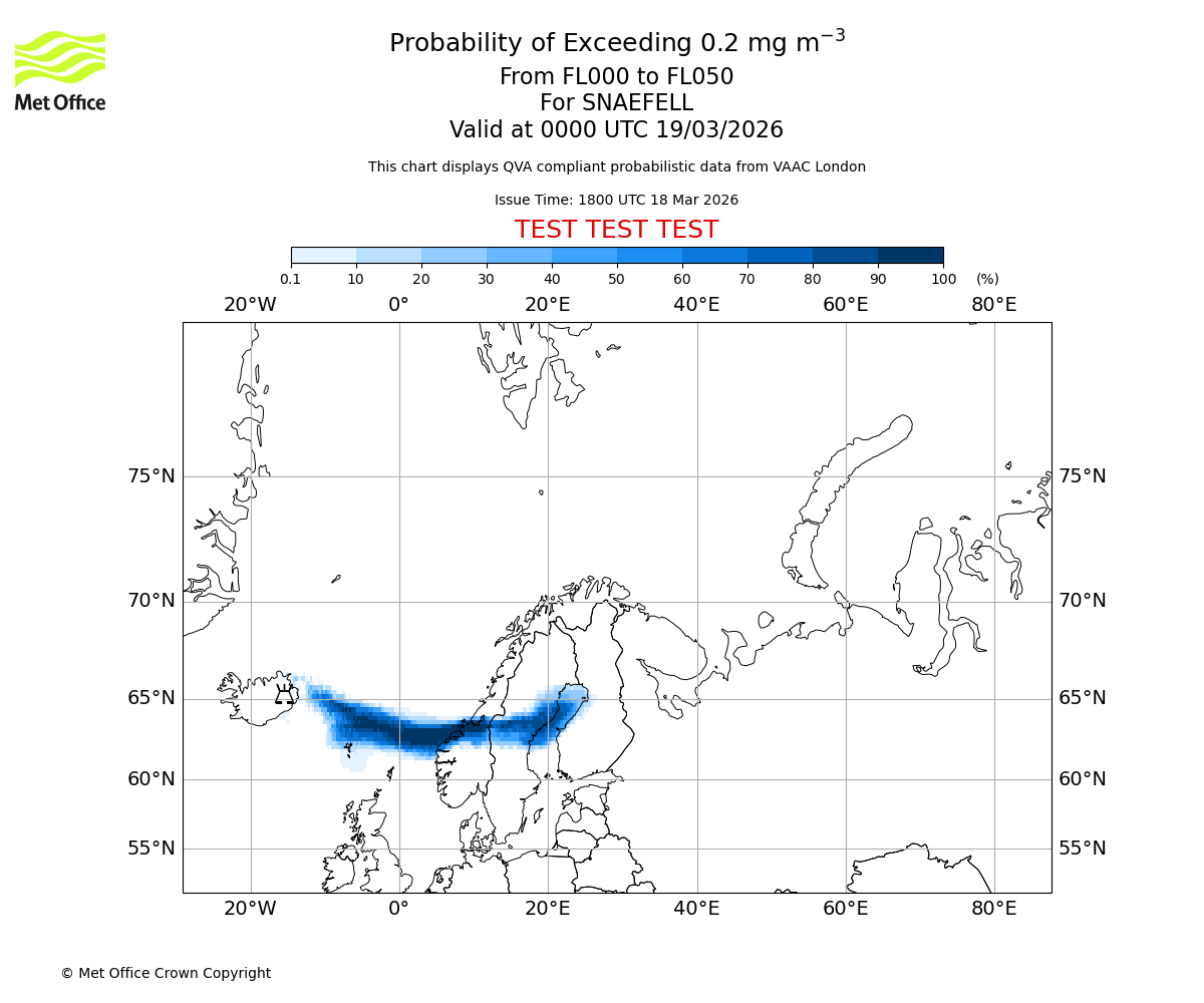 Probability of exceeding 0.2 milligrams per metre cubed. From 000 to 050 for SNAEFELL. Valid at 0000 UTC 19/03/2026
