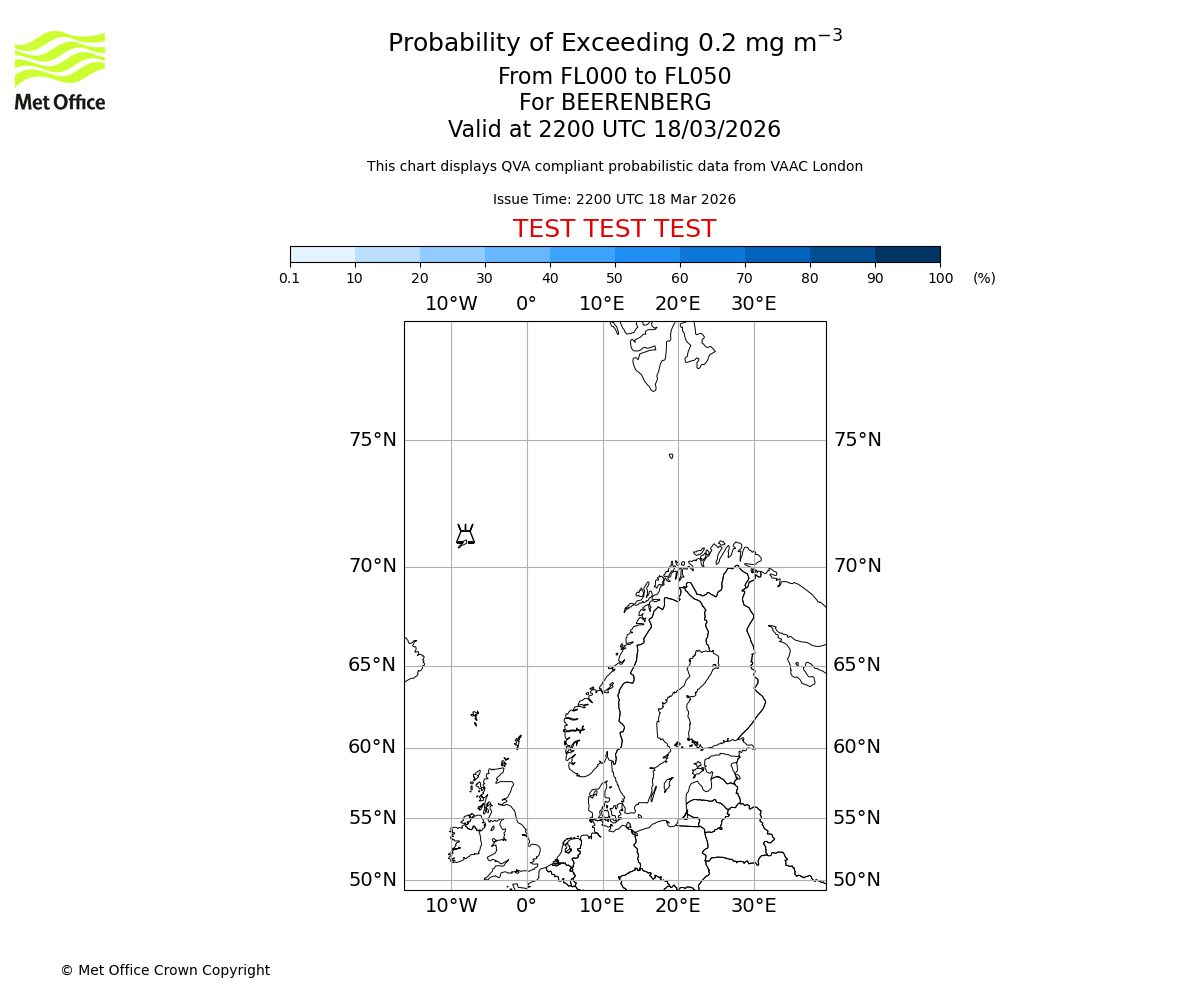 Probability of exceeding 0.2 milligrams per metre cubed. From 000 to 050 for BEERENBERG. Valid at 2200 UTC 18/03/2026