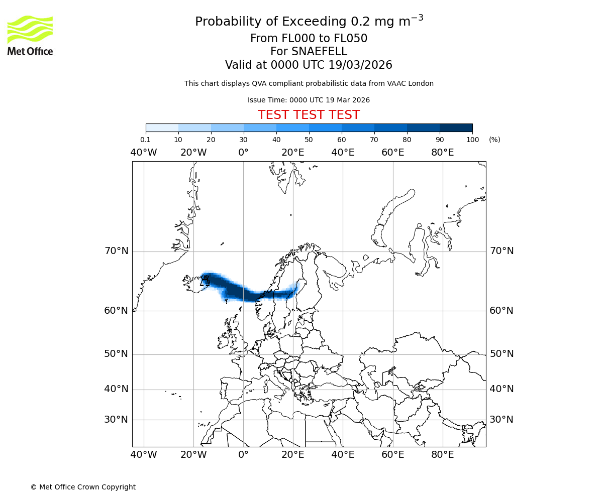 Probability of exceeding 0.2 milligrams per metre cubed. From 000 to 050 for SNAEFELL. Valid at 0000 UTC 19/03/2026